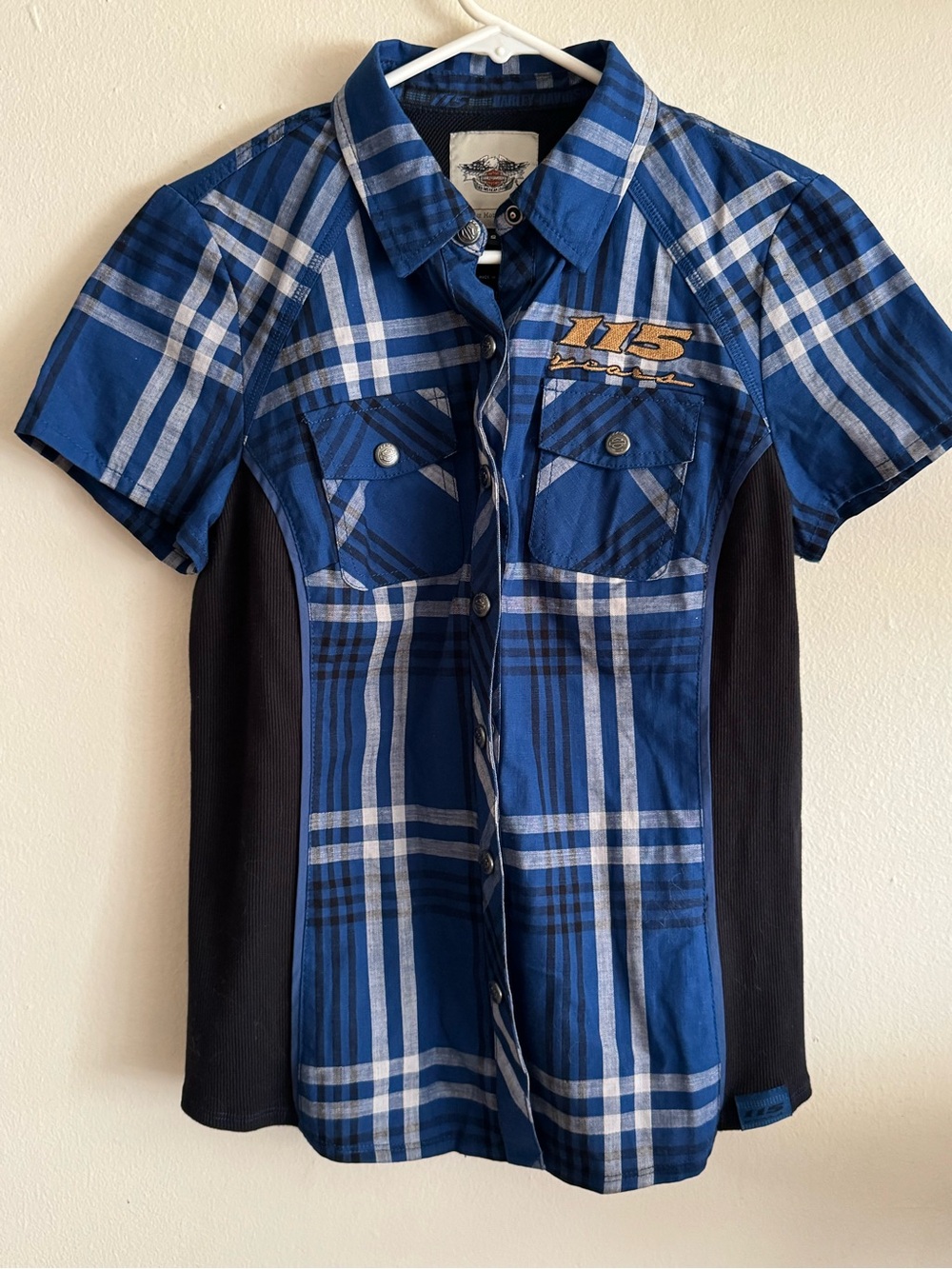 Harley-Davidson Blue Plaid Button-Front Shirt with Black Panels